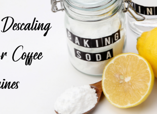 A text: Homemade Descaling Solution for Coffee Machines and picture of lemon and soda