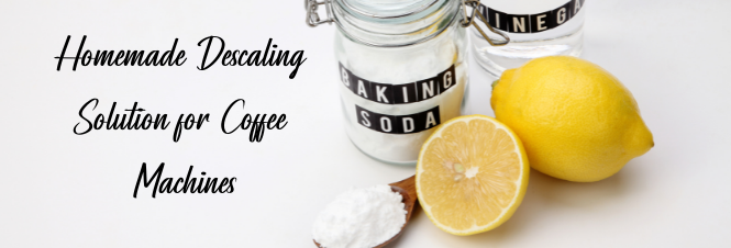 A text: Homemade Descaling Solution for Coffee Machines and picture of lemon and soda