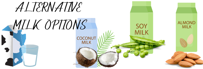 ALTERNATIVE MILK OPTIONS - coconut milk, soy milk, almond milk